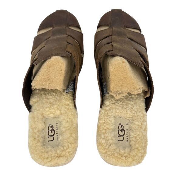 UGG Womens CLOGS Sandals Ore Brown Leather 1675 WOODEN shearling Slip on Size 10 - Picture 3 of 8